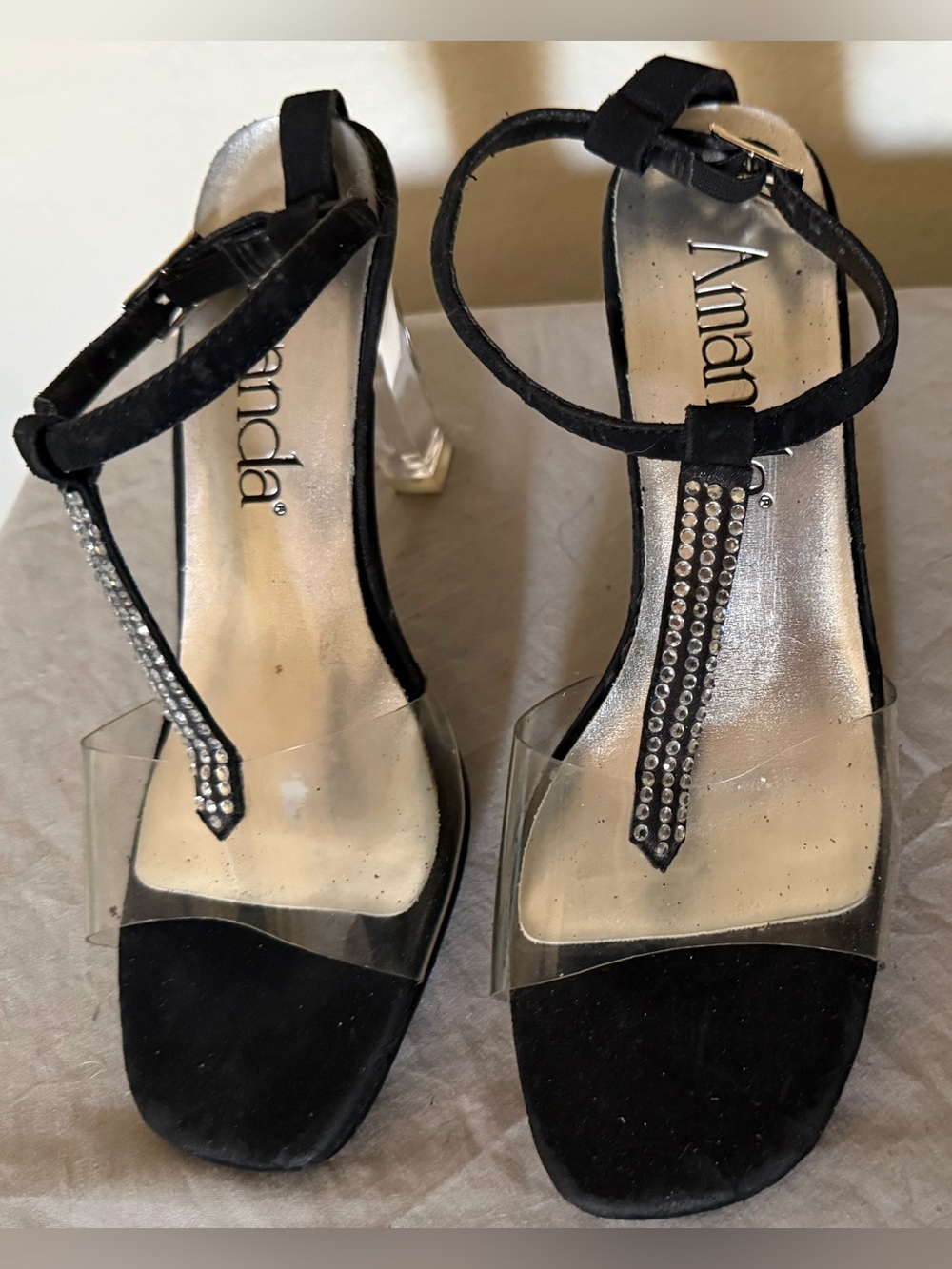 Amanda Black & Clear T-Strap Block Heel Sandals